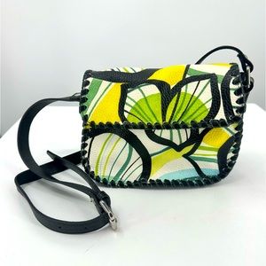 Claudia Firenze Floral Leather Crossbody Shoulder Bag Whipstitch Black Yellow